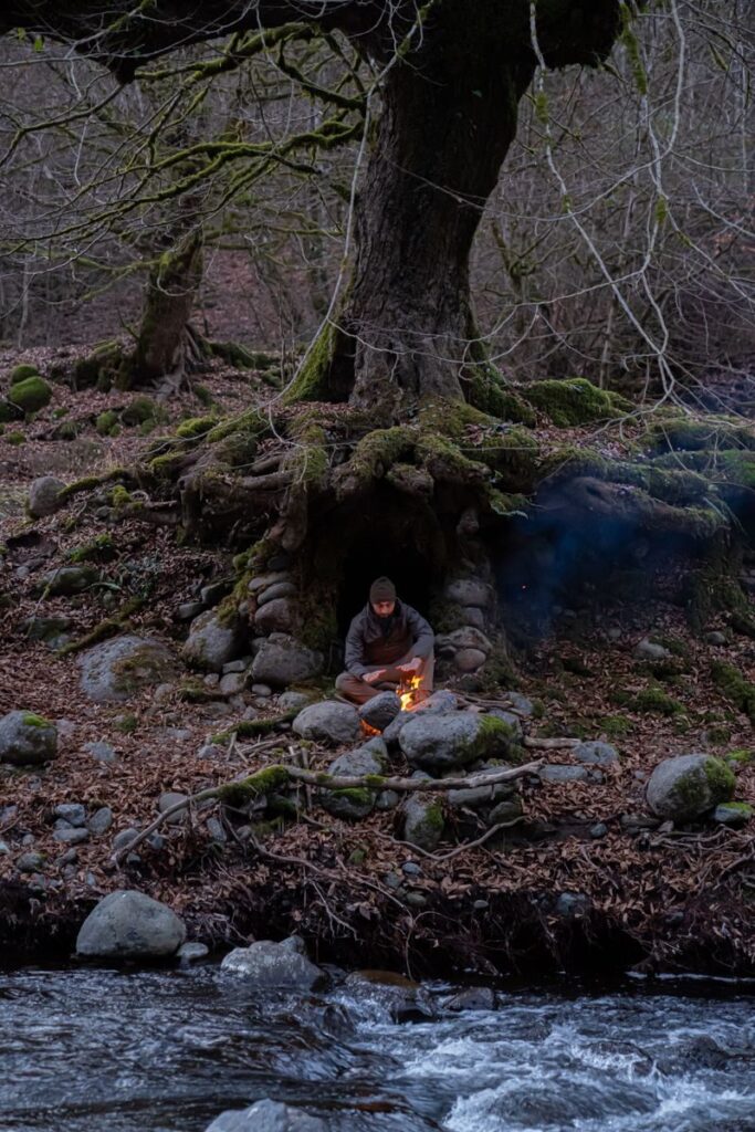 A lone camper sits by a campfire at the base of a tree near a river.
