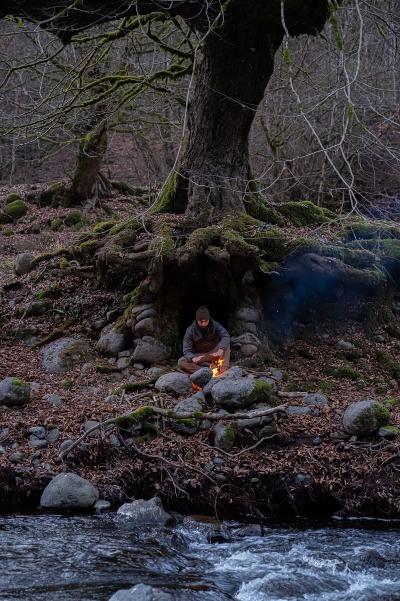 A lone camper sits by a campfire at the base of a tree near a river.